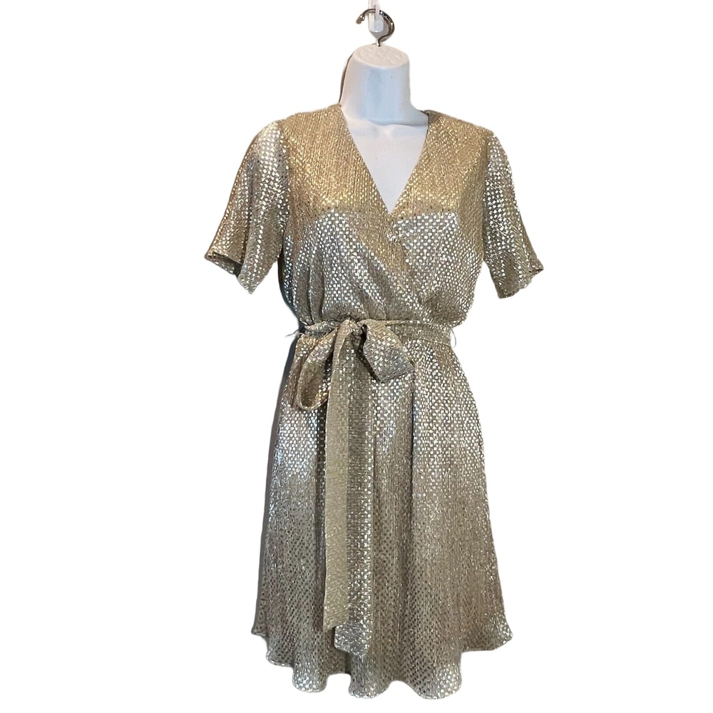 Anthropologie‎ cream and gold wrap Mini Party dress size 0/2